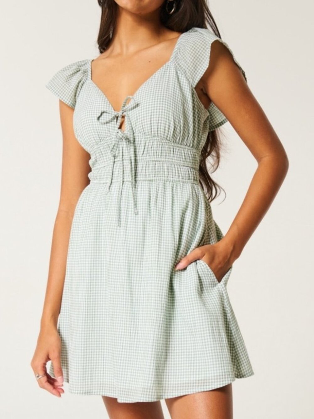 Hollister Light Green Gingham Tie-Front Mini Dress